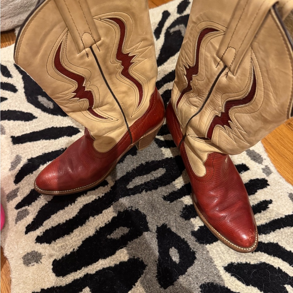 Vintage Frye Red and Tan Heeled Boots with Western Design